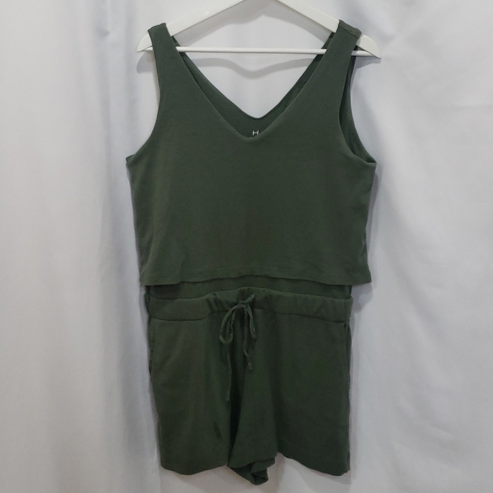 HALSTON Shorts Sleeveless 100% Cotton Romper Jumpsuit Army Green